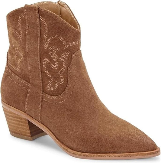 Botines vaqueros vaqueros occidentales para mujer de Coutgo, punta puntiaguda, botines vaqueros con tacón grueso